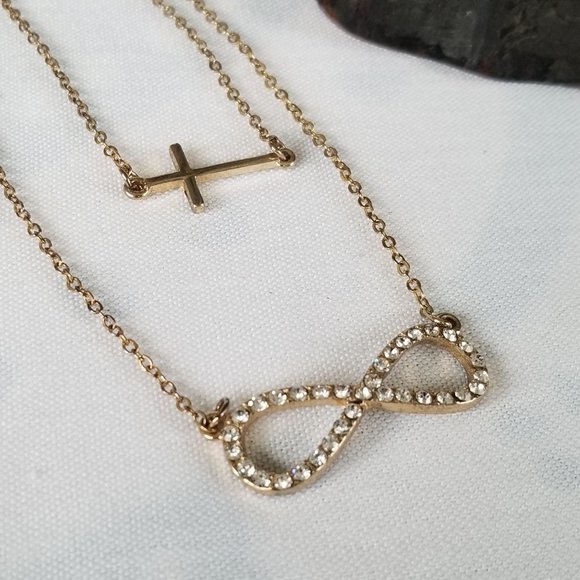 Infinite & Cross Layered Necklace Gold Tone - Picture 2 of 12